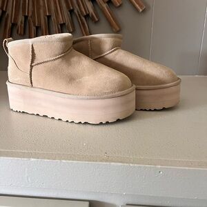 UGG Platform Suede Slip-On Mules in Light Tan